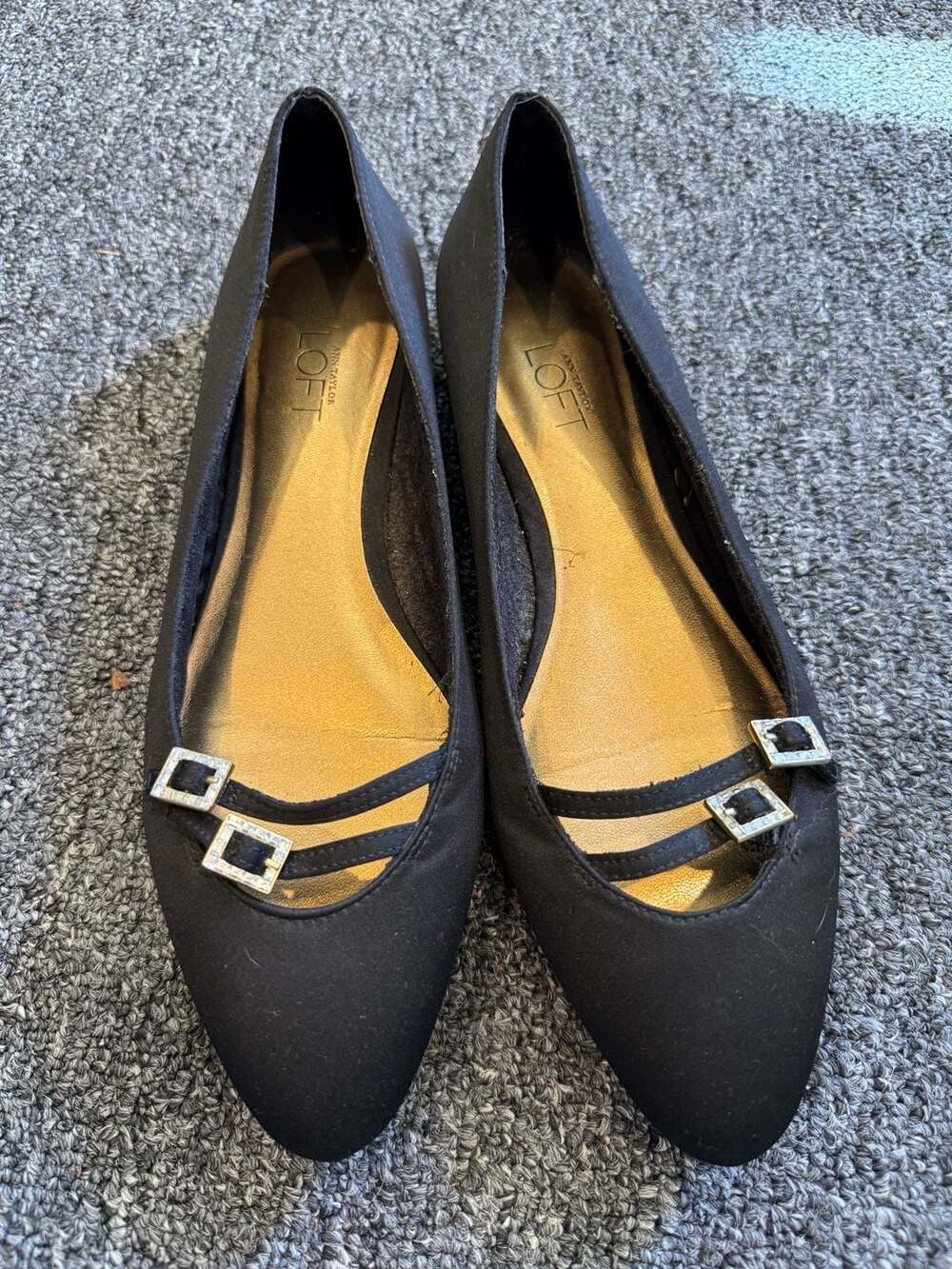 Ann Taylor Loft Black Satin Pointed Toe Buckle Ballet Flats